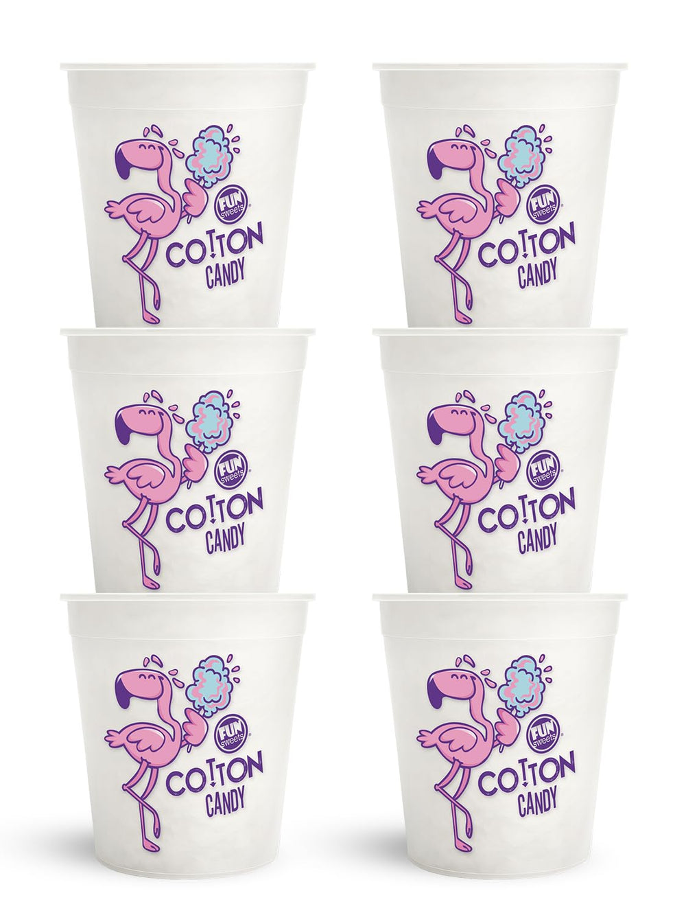 Fun Sweets front packaging showing six white vanilla cotton candy tubs and clean display benefit