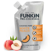 Funkin front packaging showing 2.2 lb white peach puree with shelf-ready clarity and convenience