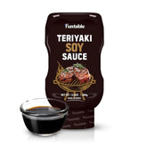 Funtable front packaging shows teriyaki bottle and clear label, enticing fast meal prep