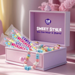 FUNTASTY candy necklace beside a hand for scale to show portion size and convenience