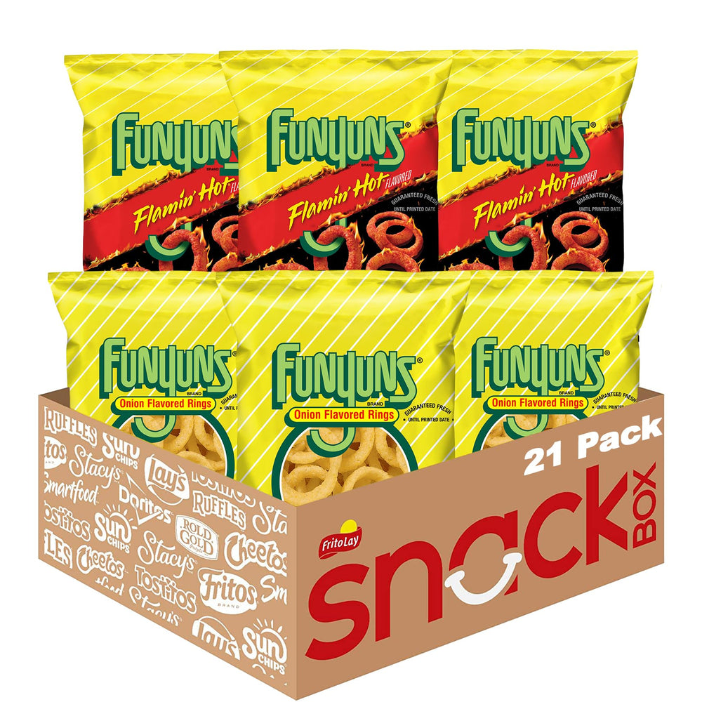 Funyuns front pack of 21 bags showing brand and count, convenient for stocking