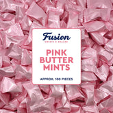 Fusion Sweets And Snacks front packaging showing 100 pink buttermints, neat presentation benefit