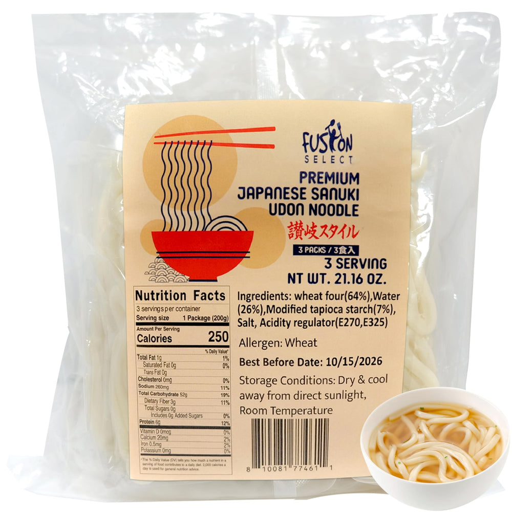 Fusion Select front packaging showing three shelf‑stable udon packs, convenient storage