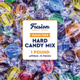 Fusion Sweets And Snacks front packaging showing one-pound sugar free assortment benefits