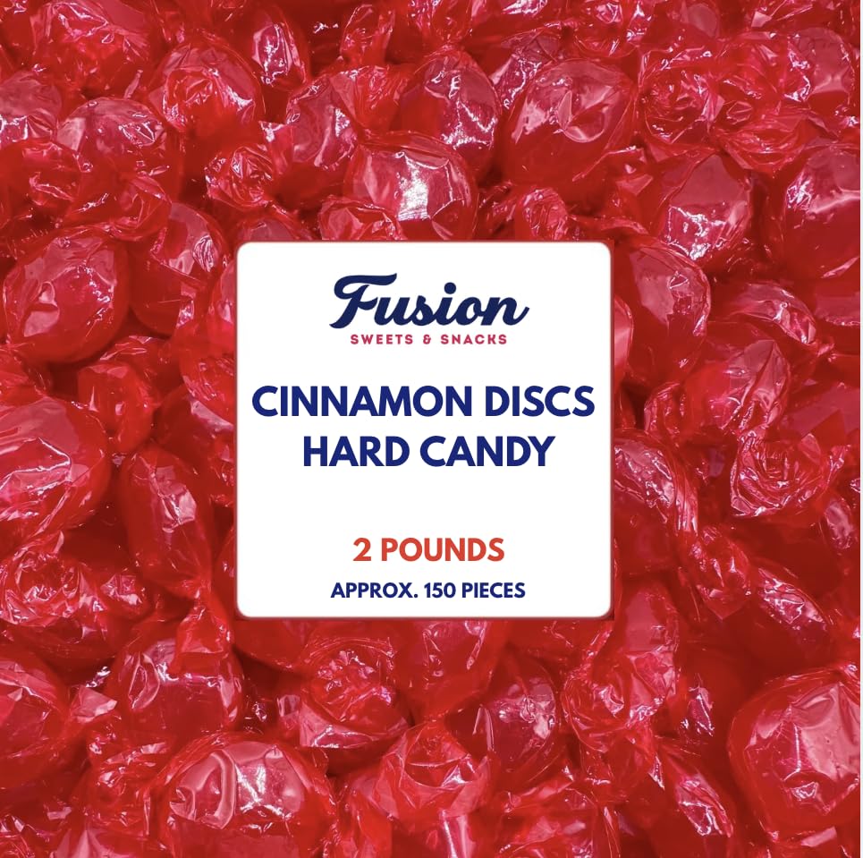 Fusion Sweets front-of-bag showing 2 lb bulk and bright red cinnamon discs for sharing