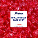 Fusion Sweets front-of-bag showing 2 lb bulk and bright red cinnamon discs for sharing