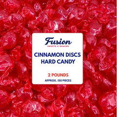 Fusion Sweets front-of-bag showing 2 lb bulk and bright red cinnamon discs for sharing