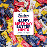 Fusion Sweets And Snacks box front showing birthday buttermints and clear labeling, easy gifting