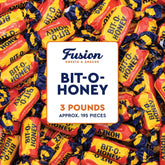 Fusion Sweets front packaging of 3 lb bag shows brand and honey flavor benefit portioning