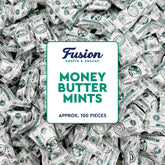 Fusion Sweets And Snacks front packaging showing 100-count bag and money theme benefit convenience