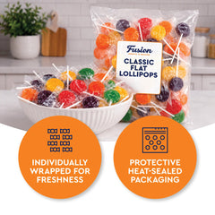 Fusion Sweets unwrapped flat lollipop displaying vibrant fruit color and appeal