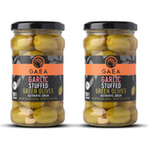 Gaea front jar of garlic-stuffed olives showing label and jar benefit