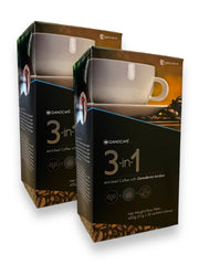Generic GanoCafé front packaging showing brand and 20 sachets, convenient storage