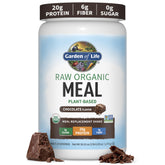 Garden of Life front packaging showing chocolate meal powder and servings benefit