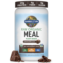 Garden of Life front packaging showing chocolate meal powder and servings benefit