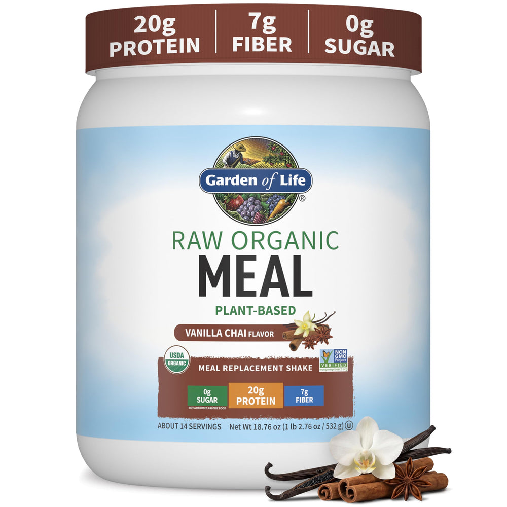 Garden of Life front packaging showing product name and servings, clear benefit convenience