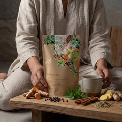Gardenika ingredients laid out: turmeric, ginger, peppermint and spices for transparency