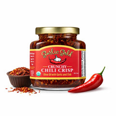 Garlic Gold front label showing organic crunchy chili crisp and benefits