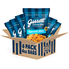 Garrett Popcorn front packaging showing six 4.0oz bags for convenient gifting