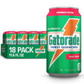 Gatorade front packaging showing 18-pack cans and brand refreshment