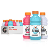 Gatorade G Zero 18-pack front packaging showing three flavors and convenience