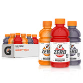 Gatorade G Zero front pack view showing 18 bottles and flavors for convenient hydration