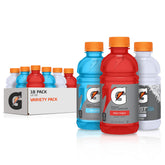 Gatorade variety pack front packaging showing 18 bottles and flavors