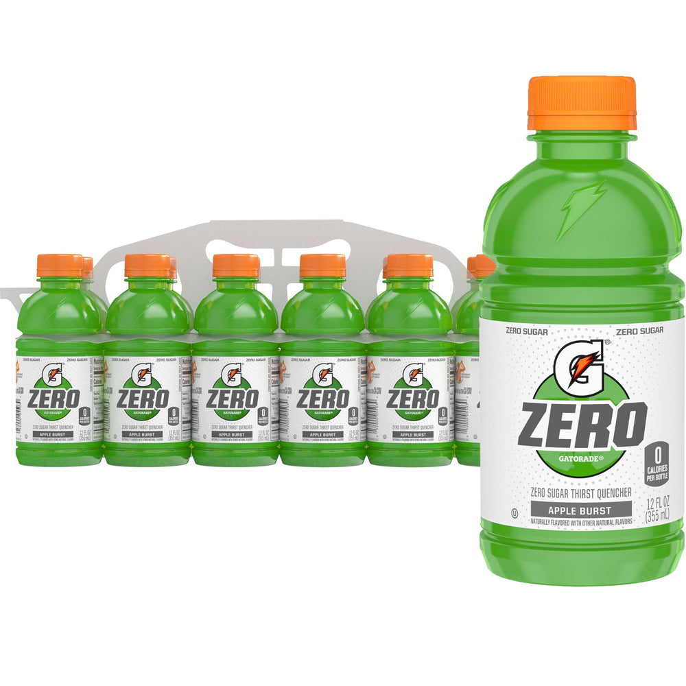 Gatorade Zero front packaging showing 12-pack and apple burst flavor benefit hydration