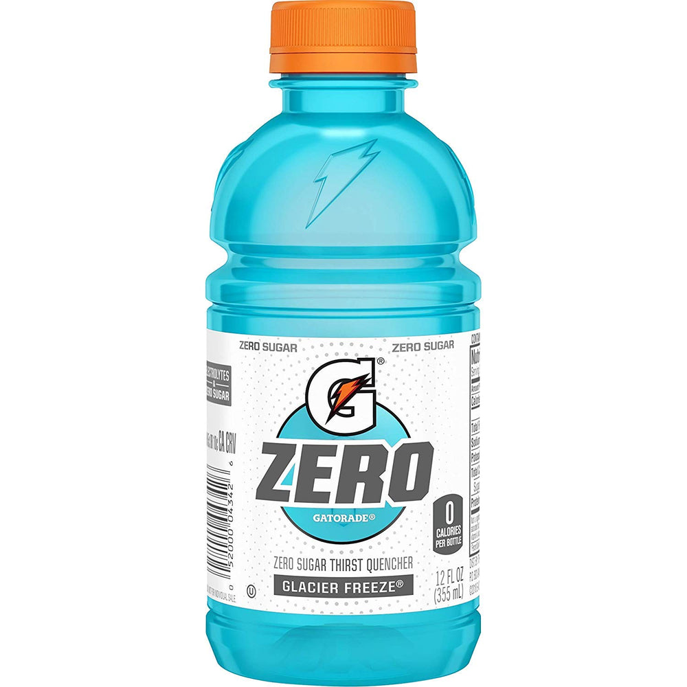 Gatorade Zero Glacier Freeze front packaging showing 12oz bottles and hydration benefit