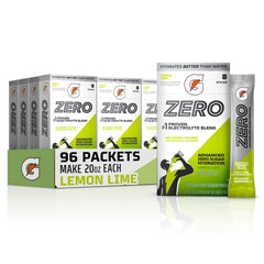 Gatorade front packaging showing Lemon Lime flavor and 96 sticks, convenient supply