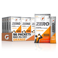 Gatorade Zero front packaging showing orange flavor and 96 servings for convenient hydration