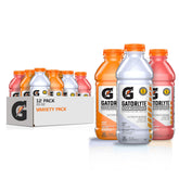 Gatorlyte front packaging showing 12-bottle variety, easy hydration on hand