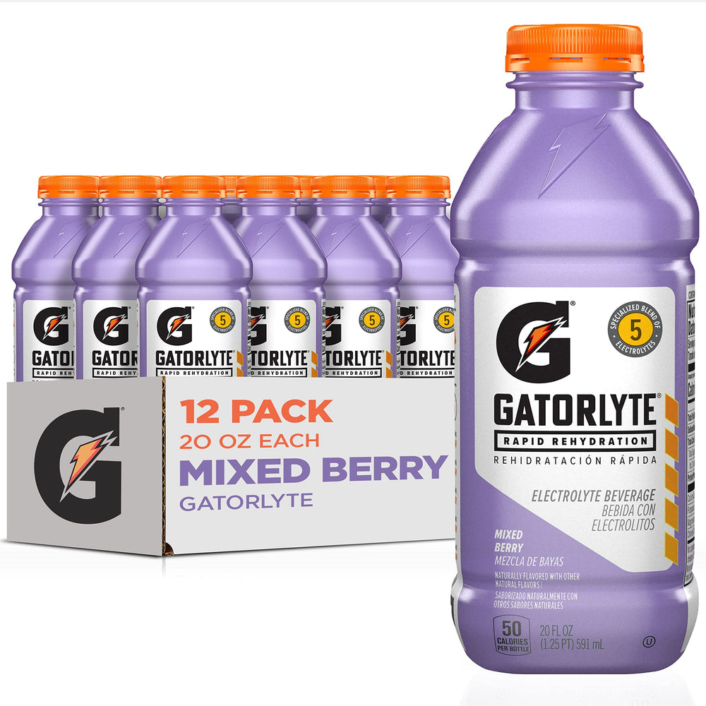 Gatorlyte front packaging showing mixed berry bottle and hydration benefits