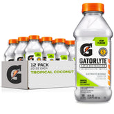 Gatorlyte Tropical Coconut front packaging showing 12 bottles and benefits