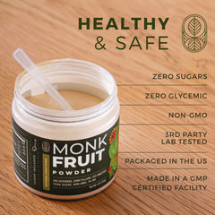 Gaudum monk fruit powder close-up texture highlighting purity and fine grind