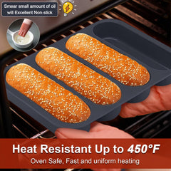GDDGCUO pan filled with freshly baked hotdog buns showing even browning and shape