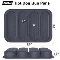 GDDGCUO pan beside a standard hot dog to show cavity fit and portion accuracy