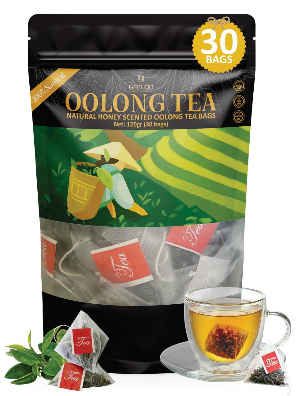 GEELOD front packaging showing 30 bag box and branding, fresh aroma benefit