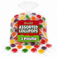 GEEOOLLAH front bag view showing assorted flat lollipops and clear packaging to display flavors