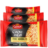 Gefen front packaging showing crisp gluten free chow mein noodles and product benefits