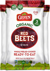 Gefen front packaging three-pack showing vacuum-sealed organic beets for convenience