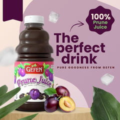 Gefen prune juice being poured into a glass highlighting rich texture and refreshing taste