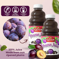 Gefen prune juice served chilled in a glass with ice showcasing ready-to-drink appeal