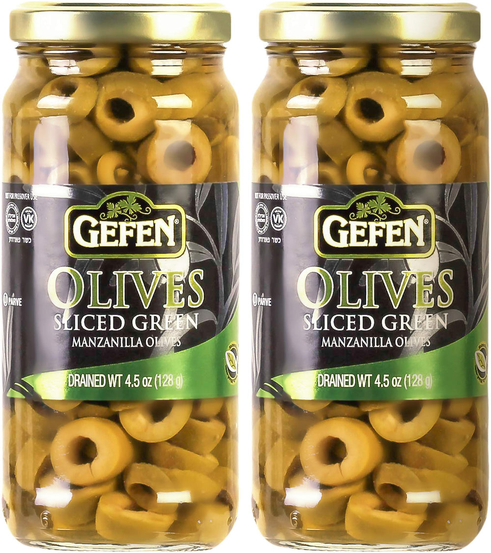 Gefen front jar view showing sliced green olives and clear labeling, useful for quick meal prep