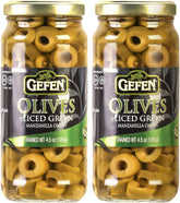 Gefen front jar view showing sliced green olives and clear labeling, useful for quick meal prep