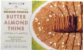 Generic front packaging showing Belgian butter almond thins and origin benefits