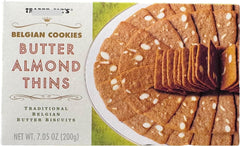 Generic front packaging showing Belgian butter almond thins and origin benefits