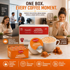 Generic caramel macchiato next to a standard mug for scale illustrating supply size benefit