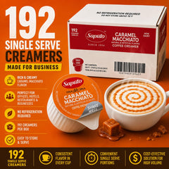 Generic caramel macchiato single cup close-up showing sealed portion and easy-open lid benefit