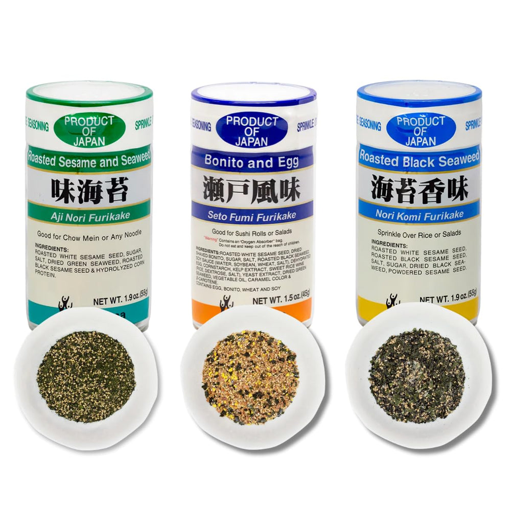 Generic furikake front packaging showing three flavor packets and convenience